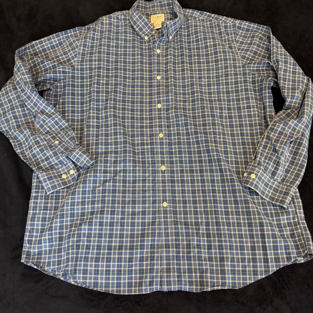 LL Bean Mens XL Traditional Fit Plaid Button‎ Down Shirt Blue White 100% Cotton